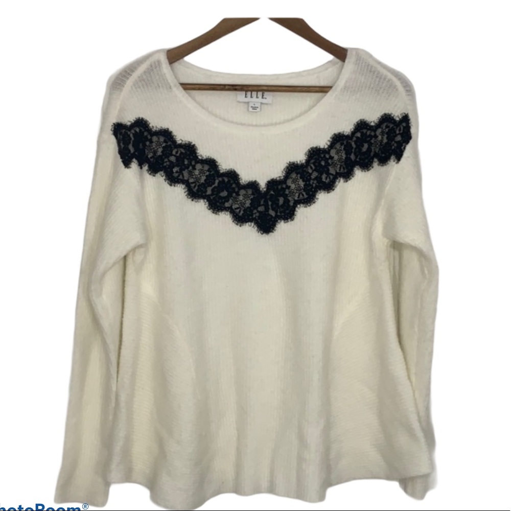 Elle Super Soft White Sweater w/ Black Lace Ladies Sz L